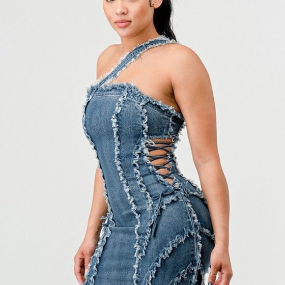 Distressed Denim Mini Dress - Picture 3 of 9